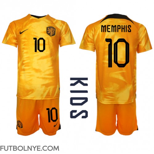 Camiseta Países Bajos Memphis Depay #10 Primera Equipación para niños Mundial 2022 manga corta (+ pantalones cortos)